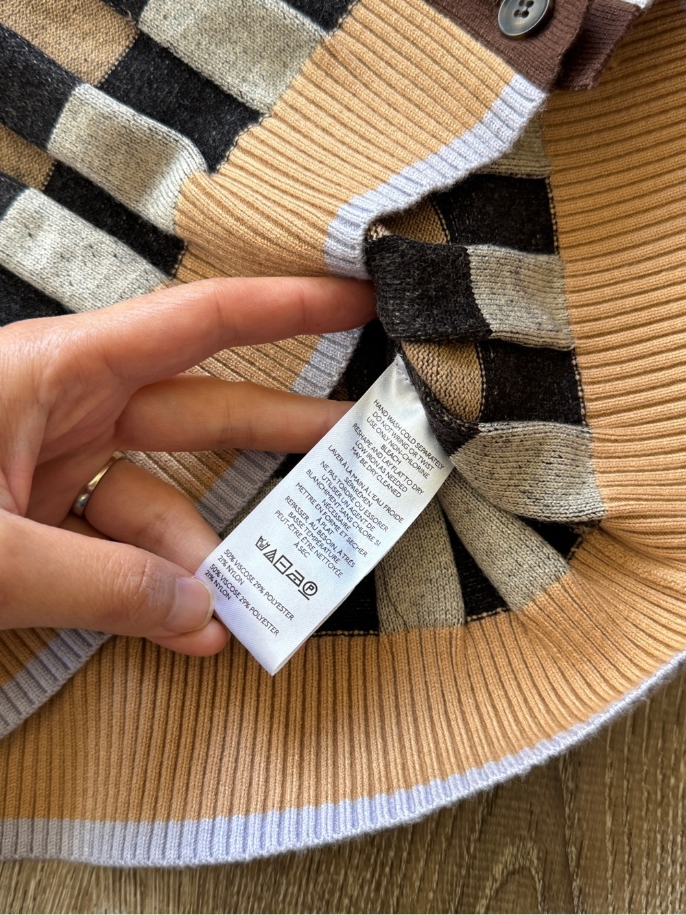 Maeve Brown, Camel & Black Checked Button-Front Knit Top - Picture 4 of 5